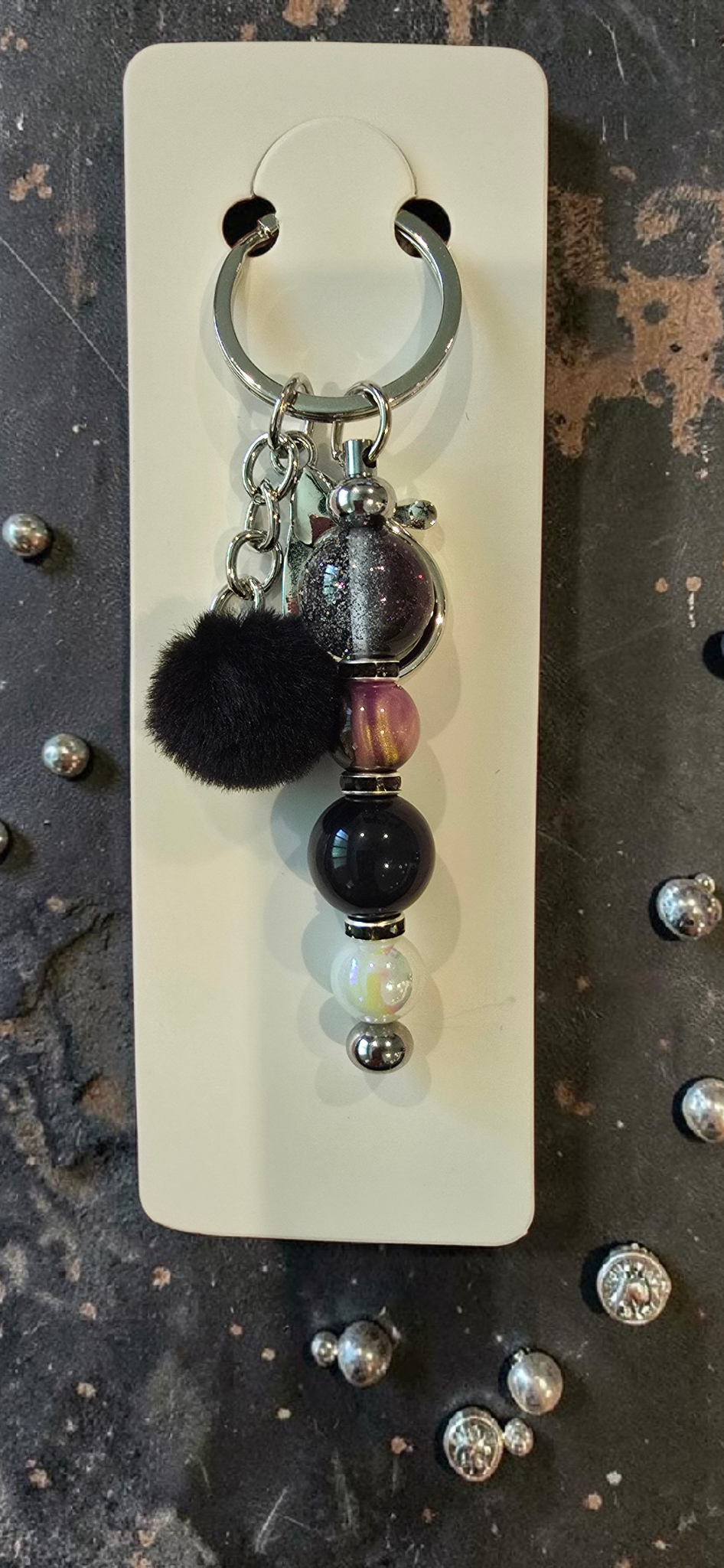 Beaded keychain- Beaded black, purple and white